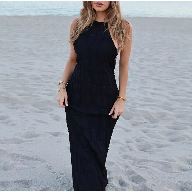 Elegante Plissado Halter Vestidos Longos Mulheres Retro Sexy Slim Sem Mangas Sem Encosto Vestido de Praia Feminino Chic Party Holiday Vestidos