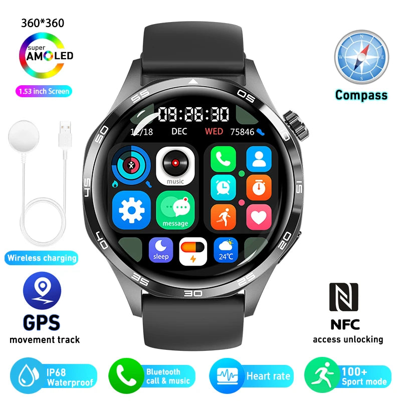 Para HUAWEI GT5 Pro GPS NFC Relógio Inteligente Masculino 360 * 360 Tela AMOLED Frequência cardíaca Bluetooth Chamada IP67 Homem à prova d'água Smartwatch 2024