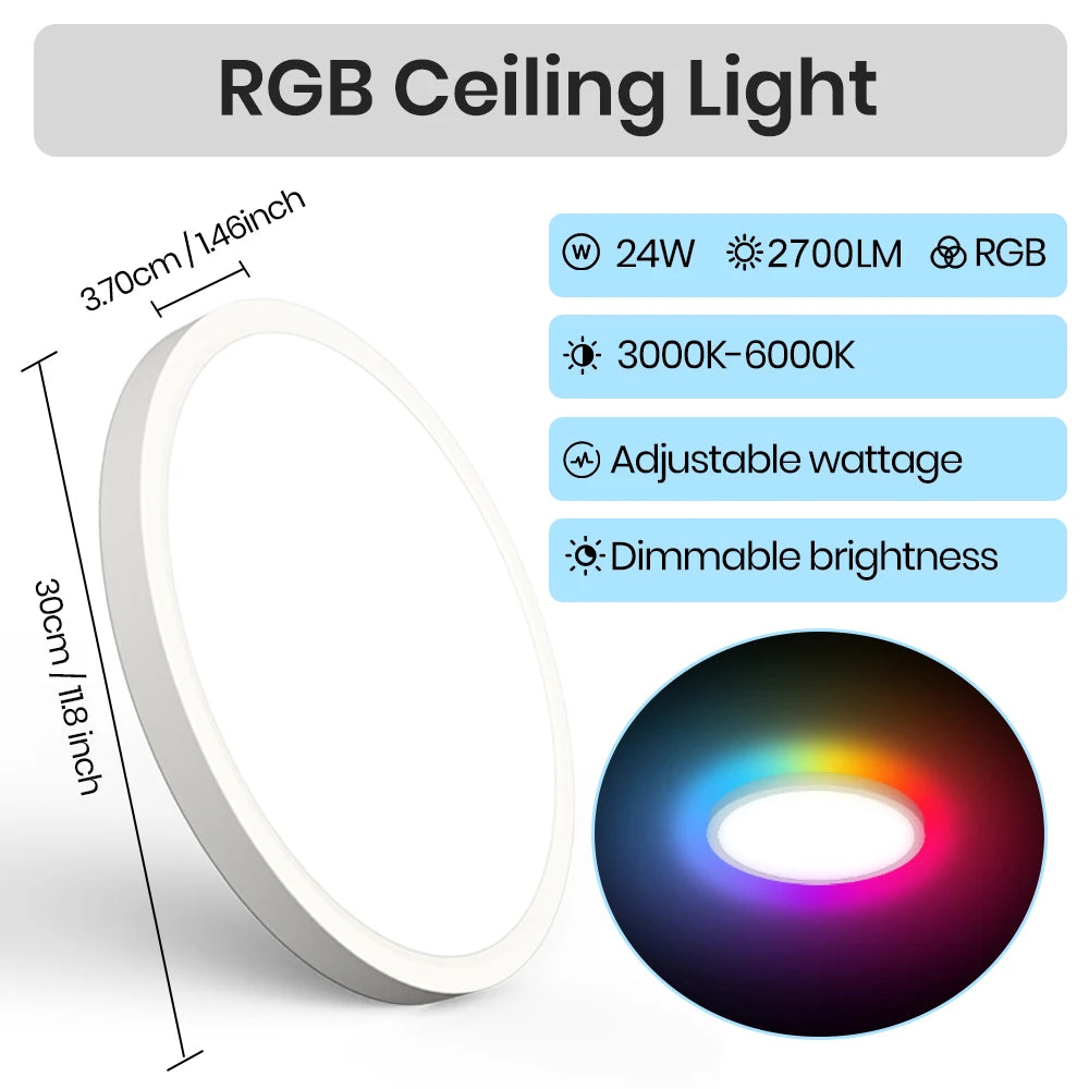 Luz de teto LED 220V regulável com controle remoto 24W 2700LM RGB 3000K-6500K Lâmpada redonda de teto para sala de estar Quarto