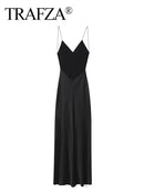 TRAFZA 2024 Mulheres Vestido de Verão Cetim Sem Mangas Sem Encosto Decote Em V Feminino Vestidos Longos Chic Sexy Party Vintage Mulher Vestido de Noite