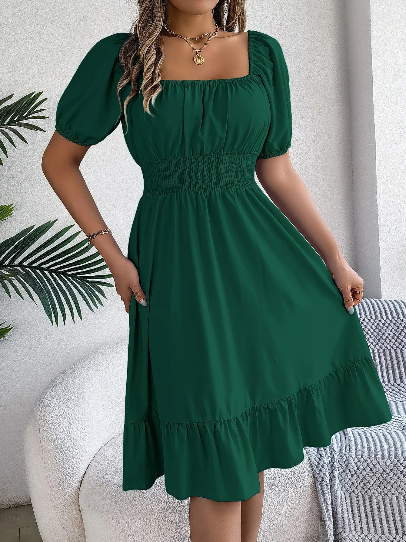 Mulheres Vestidos Pequenos 2024 Verão Casual Decote Quadrado Manga Curta Cintura Vestido de Borda com Babado Mulheres Elegante