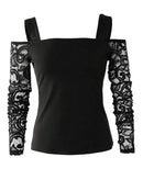 Sexy TeeContrast Lace Cutout Top de manga comprida ew ashion camisa de mulher 2025 outono inverno primavera blusas roupas femininas roupas