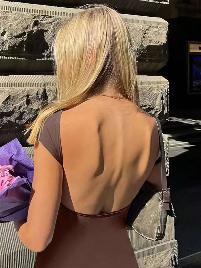 Coreano Sólido Sexy Backless Maxi Vestido Mulheres Elegante Elástico Slim Manga Curta Vestidos Longos Feminino Bodycon Streetwear Roupas