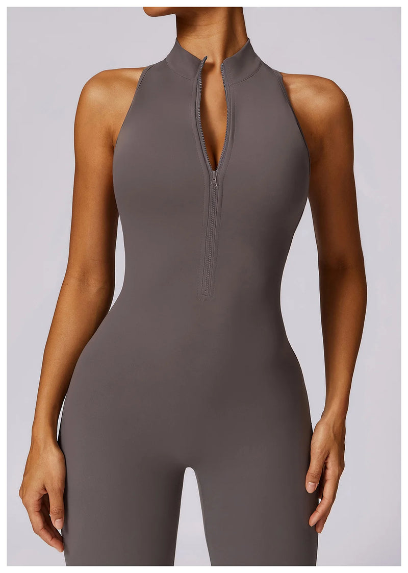 V Voltar Terno De Uma Peça Das Mulheres Macacão Esportivo Zíperes Yoga Macacão Backless Sportswear Mulheres Sleeveles Workout Bodysuits Feminino