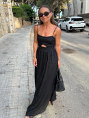 Clacive Sexy Loose Black Cotton Womens Dresses 2024 Summer Strap Sleeveless Ankle Length Dress Elegant Hollow Out Female Dress