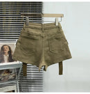 Shorts jeans de bolso grande para mulheres elásticas finas 2024 novas calças cargo curtas de cintura alta primavera/verão para meninas legais calças jeans quentes