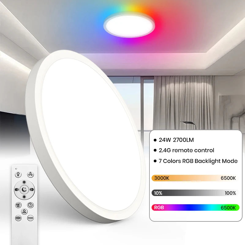 Luz de teto LED 220V regulável com controle remoto 24W 2700LM RGB 3000K-6500K Lâmpada redonda de teto para sala de estar Quarto