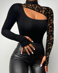 Sexy TeeContrast Lace Cutout Top de manga comprida ew ashion camisa de mulher 2025 outono inverno primavera blusas roupas femininas roupas