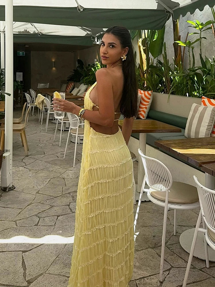 Elegante Plissado Halter Vestidos Longos Mulheres Retro Sexy Slim Sem Mangas Sem Encosto Vestido de Praia Feminino Chic Party Holiday Vestidos