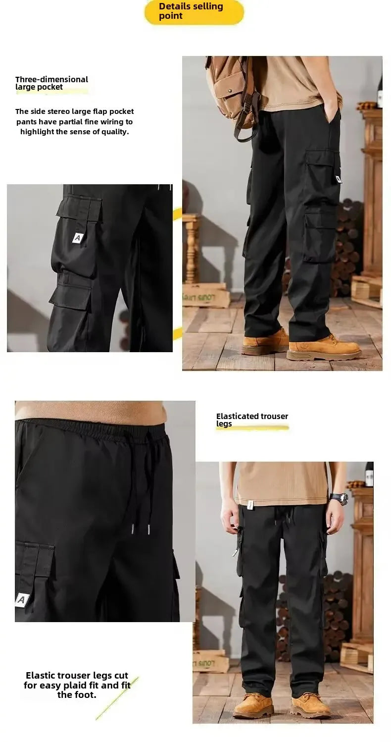 2024 Novas Calças Cargo Masculinas Soltas de Perna Reta Multi-Bolso Calças de Trabalho Vintage Calças Casuais Versáteis Modernas Primavera Outono