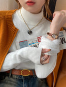 Suéter de gola alta feminino inverno 2025 vermelho retrô com forro de veludo engrossado desgaste interno tricô térmico camisa de assentamento