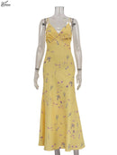Vestido Feminino Casual Oymimi com Estampa Amarela Elegante Alças Finas Costas Abertas Moda Outono Cintura Alta Vestido de Tornozelo