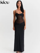 kliou Malha Suspendência Mulheres Maxi Vestido Sexy Ver Através Amarrado Patchwork Gola Baixa Sem Encosto Bodycon Feminino Moda Festa Vestidos