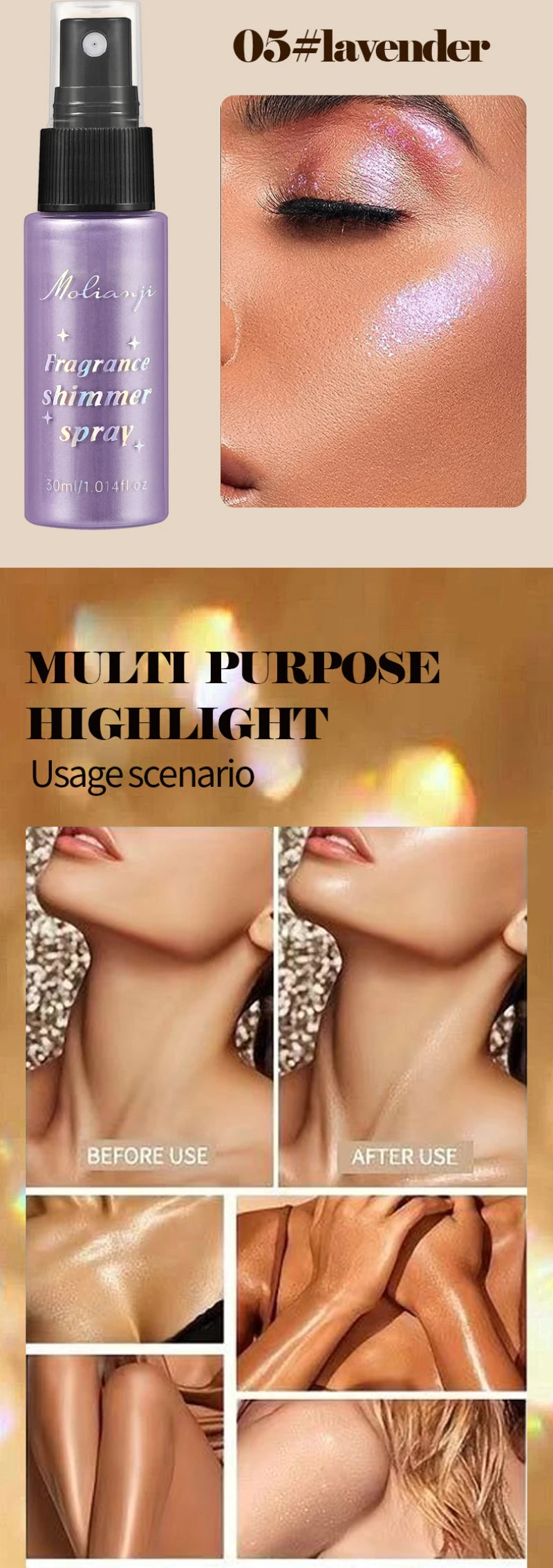 Spray Iluminador com Glitter Perolado, Óleo Loção, Iluminador Líquido para Rosto, Corpo, Pescoço e Cabelo, Brilho Duradouro para Maquiagem