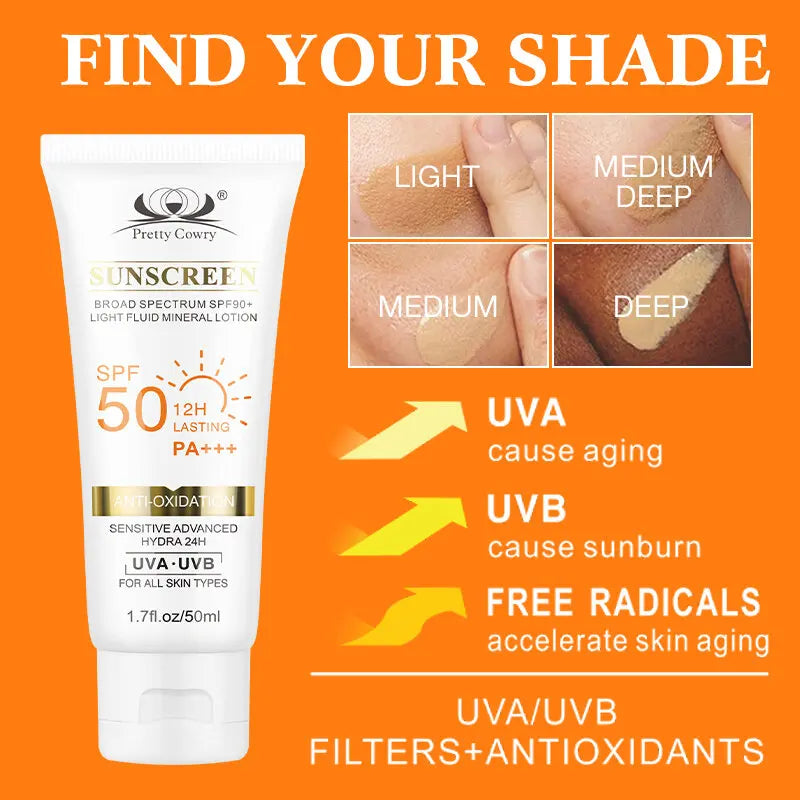 Protetor Solar Tintado FPS 50+ Hidratante Proteção UV para Rosto e Corpo Bloqueador Solar Leve Antienvelhecimento À Prova D'Água Clareador Uso Diário