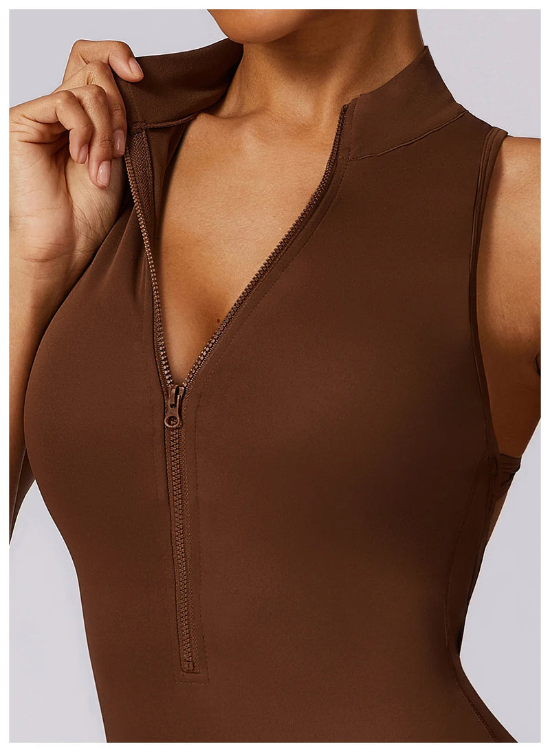 V Voltar Terno De Uma Peça Das Mulheres Macacão Esportivo Zíperes Yoga Macacão Backless Sportswear Mulheres Sleeveles Workout Bodysuits Feminino