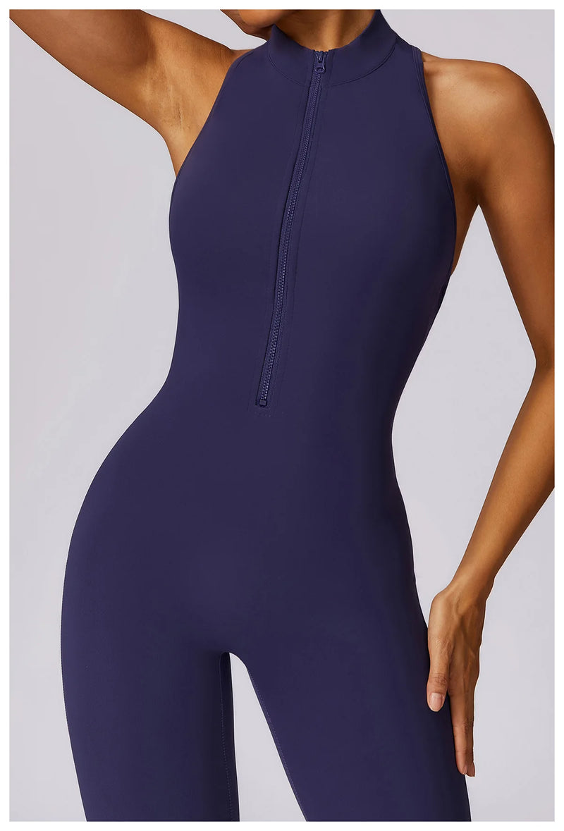 V Voltar Terno De Uma Peça Das Mulheres Macacão Esportivo Zíperes Yoga Macacão Backless Sportswear Mulheres Sleeveles Workout Bodysuits Feminino