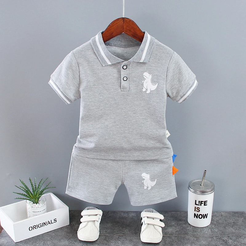 Verão Crianças Roupas Do Bebê Meninos Conjunto de Roupas Dinossauro Impresso Turn-down Collar T-Shirts Tops + Shorts 2PCS / Suit Conjuntos de Roupas Infantis