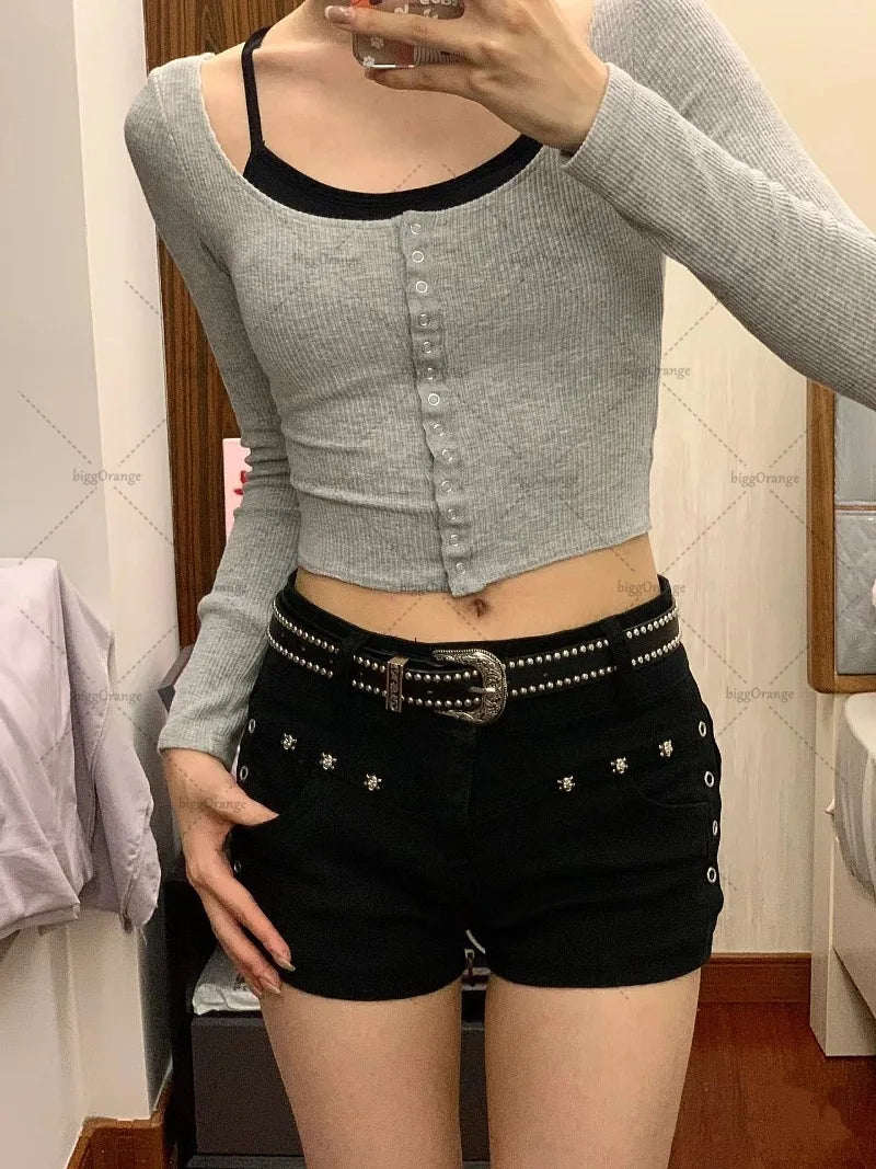 Personalidade Americana Hot Girl Y2K Harajuku Hip Shorts Pretos Hip Hop Moda Roupas Da Moda Salgueiro Nail Design Sexy Denim Shorts