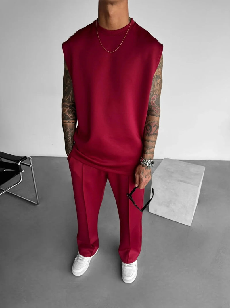 2025 Verão novo masculino moda esportiva calças casuais colete conjunto solto sem mangas T-shirt conjunto de cor sólida