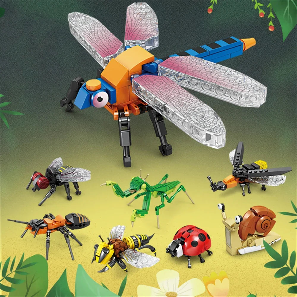 Conjunto de Brinquedos de Blocos de Construção de Insetos Joaninha - Brincadeira Duradoura para Crianças, Ótimos Modelos Colecionáveis Libélula Mantis Mosca Doméstica & Mais