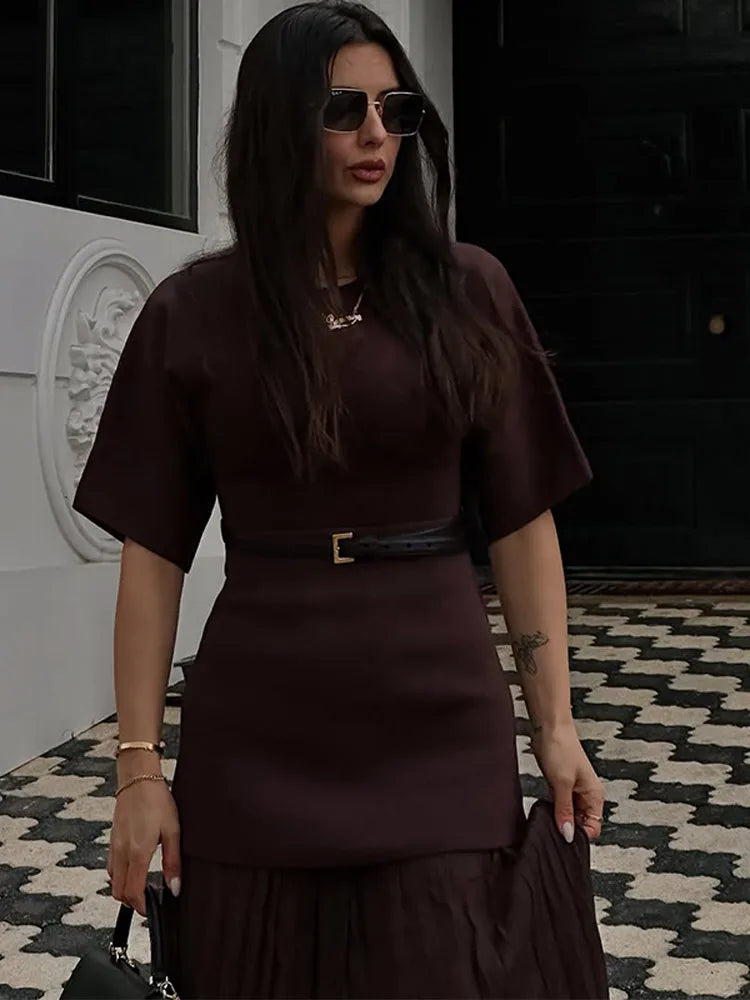 2025 Chic Splicing Brown Meia Manga Maxi Vestido Feminino Casual Plissado A Linha Slim Vestidos Femininos Escritório Comutar Vestes de Rua