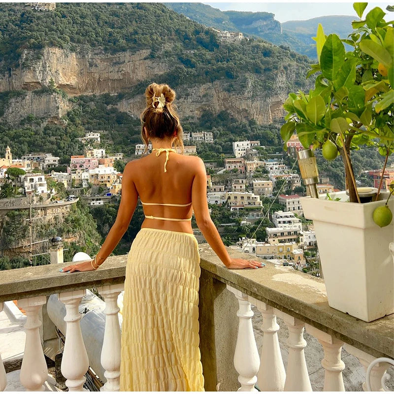 Elegante Plissado Halter Vestidos Longos Mulheres Retro Sexy Slim Sem Mangas Sem Encosto Vestido de Praia Feminino Chic Party Holiday Vestidos