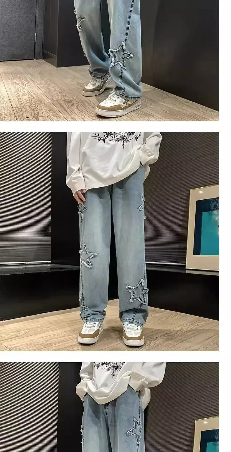 Estrelas Patchwork Homens Jeans Nova Moda Y2K Tassel Pants Coréia Roupas Em Linha Reta Hip Hop Emenda Calças Masculinas Streetwear