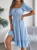 Mulheres Vestidos Pequenos 2024 Verão Casual Decote Quadrado Manga Curta Cintura Vestido de Borda com Babado Mulheres Elegante