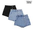 TRAF Verão Feminino Novo Jeans Moda Street Wash Jeans Botão Frontal Mini Saia Sexy Slim Blue Jeans Saia Centenas de Calças