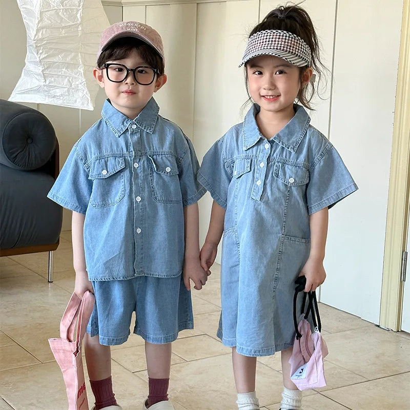 Roupas infantis 2025 verão novo terno jeans para menino ou vestido de menina casual roupas para irmão e irmã