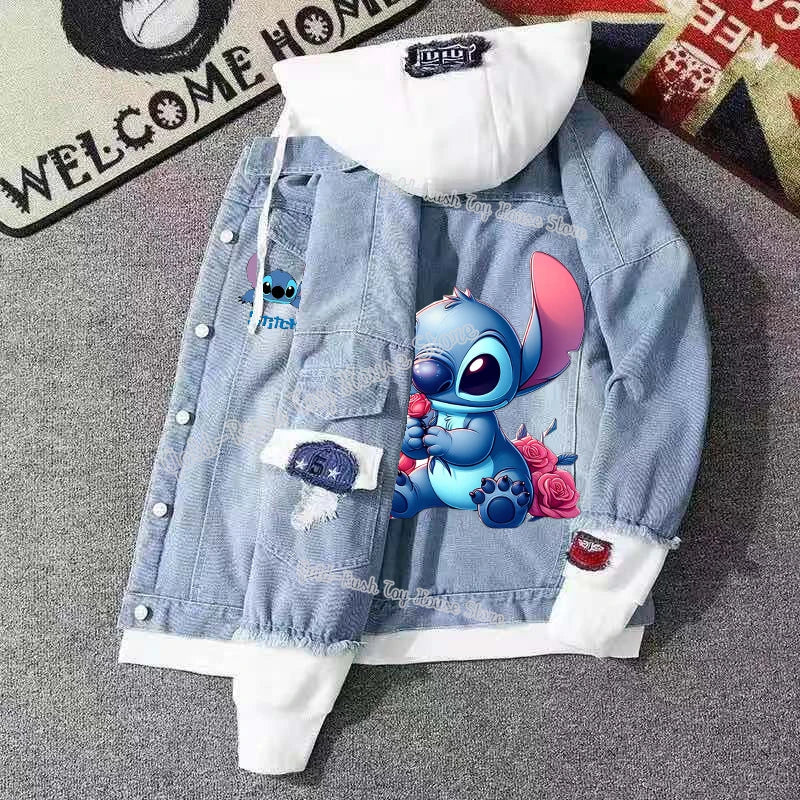 Lilo&stitch Hip Hop Jaquetas Jeans com Capuz para Homens Roupas Femininas Outono Inverno Jaqueta Masculina Patchwork Jaqueta Jeans Streetwear Roupas