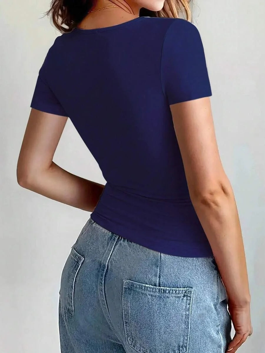 Camisetas Femininas Básicas Decote Redondo Manga Curta Tops Curtos Tops Fofos de Verão Camisetas Slim Fit Y2k Roupas 2024