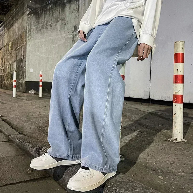 2024 Novo Streetwear Jeans Solto Masculino Estilo Coreano Moda Solta Reta Perna Larga Calças Masculinas Roupas de Marca Preto Azul Claro