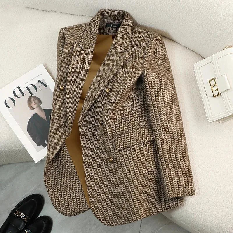 Outono Inverno Novo Blazer Casacos Jaquetas de Lã Feminina Manga Comprida Entalhado Vintage Grosso Outerwears Roupas Femininas Elegantes