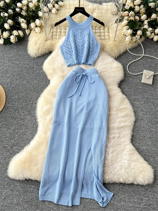 SINGREINY Verão Suave Malha 2 pcs Conjuntos Mulheres Halter Sem Mangas Camis + Bodycon Split Saia Com Cordão Oco Out Ternos De Férias