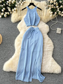 SINGREINY Verão Suave Malha 2 pcs Conjuntos Mulheres Halter Sem Mangas Camis + Bodycon Split Saia Com Cordão Oco Out Ternos De Férias