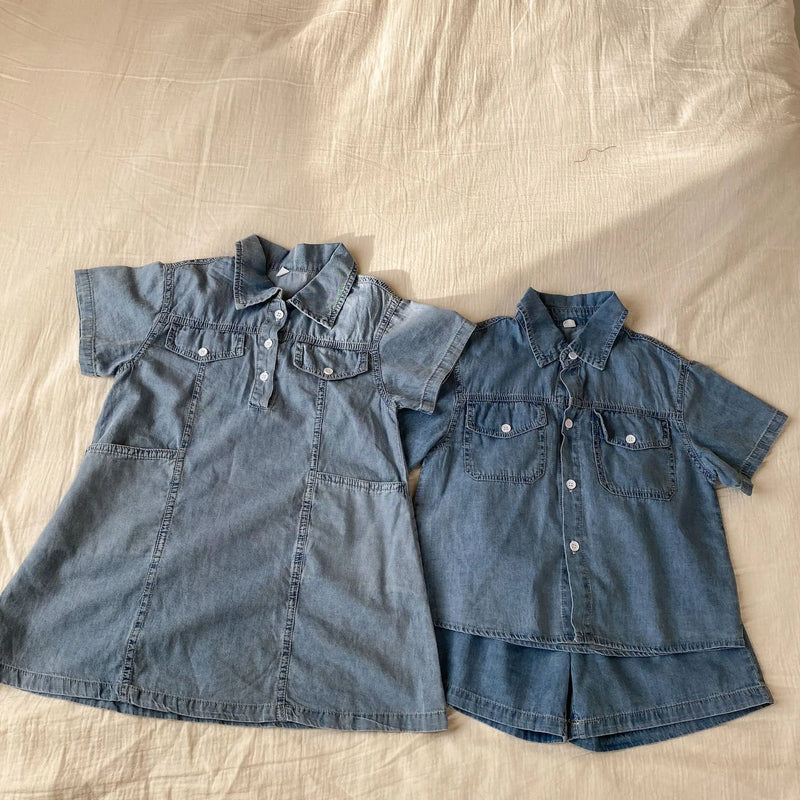 Roupas infantis 2025 verão novo terno jeans para menino ou vestido de menina casual roupas para irmão e irmã