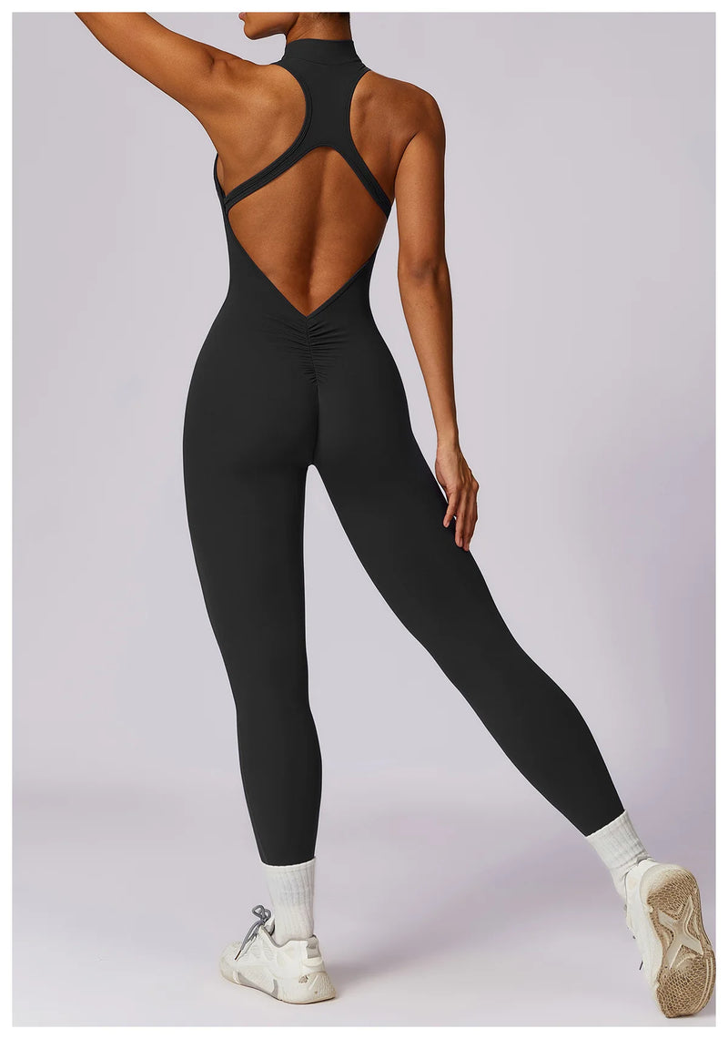V Voltar Terno De Uma Peça Das Mulheres Macacão Esportivo Zíperes Yoga Macacão Backless Sportswear Mulheres Sleeveles Workout Bodysuits Feminino