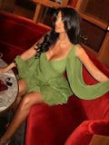 Moda Feminina Chiffon Plissado Lace Up Cintura Alta Mini Vestido Chic Verde Oco Out Manga Cheia A Linha de Vestidos Senhora Vestes de Praia