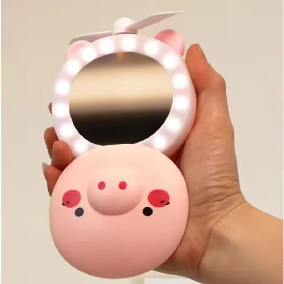 Espelho de Maquiagem com Luz de LED e Mini Ventilador Portátil
