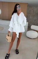 Elegante Plissado Vestido Curto Mulheres Solto Lace Up Manga Longa Flare V Neck Vestidos Feminino 2025 Primavera Oco Out Praia Robe Senhora