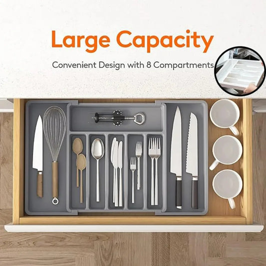 Organizador de talheres de plástico ajustável Colheres Garfos Facas Porta-talheres Bandeja de utensílios expansível Utensílios de cozinha para garfos