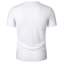 Homens Corrida Esportes Fitness Verão Novo Alto Elástico Listra Vertical Manga Curta Decote em V Slim Fit Malha Inferior Camisa Top