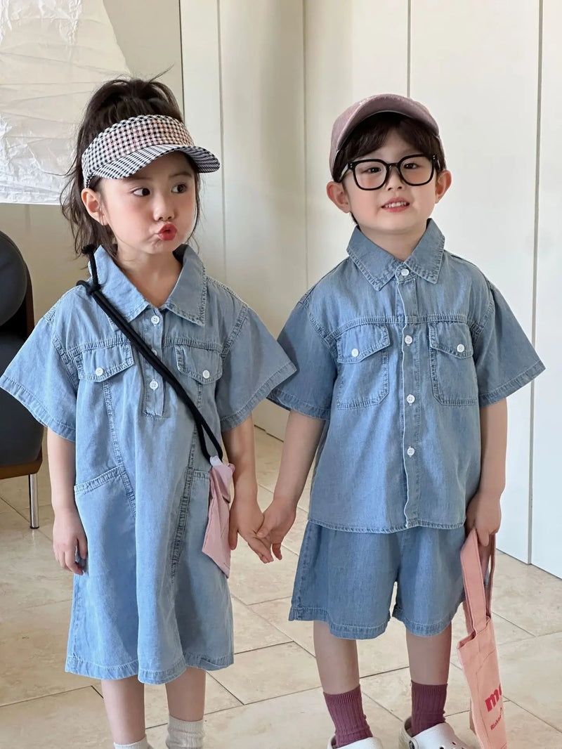 Roupas infantis 2025 verão novo terno jeans para menino ou vestido de menina casual roupas para irmão e irmã