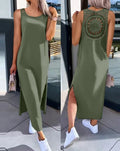 Vestidos Femininos 2024 Moda Verão Fenda Vazada Casual Tecido Decote Redondo Sem Mangas Diário Reto Vestido de Panturrilha Média