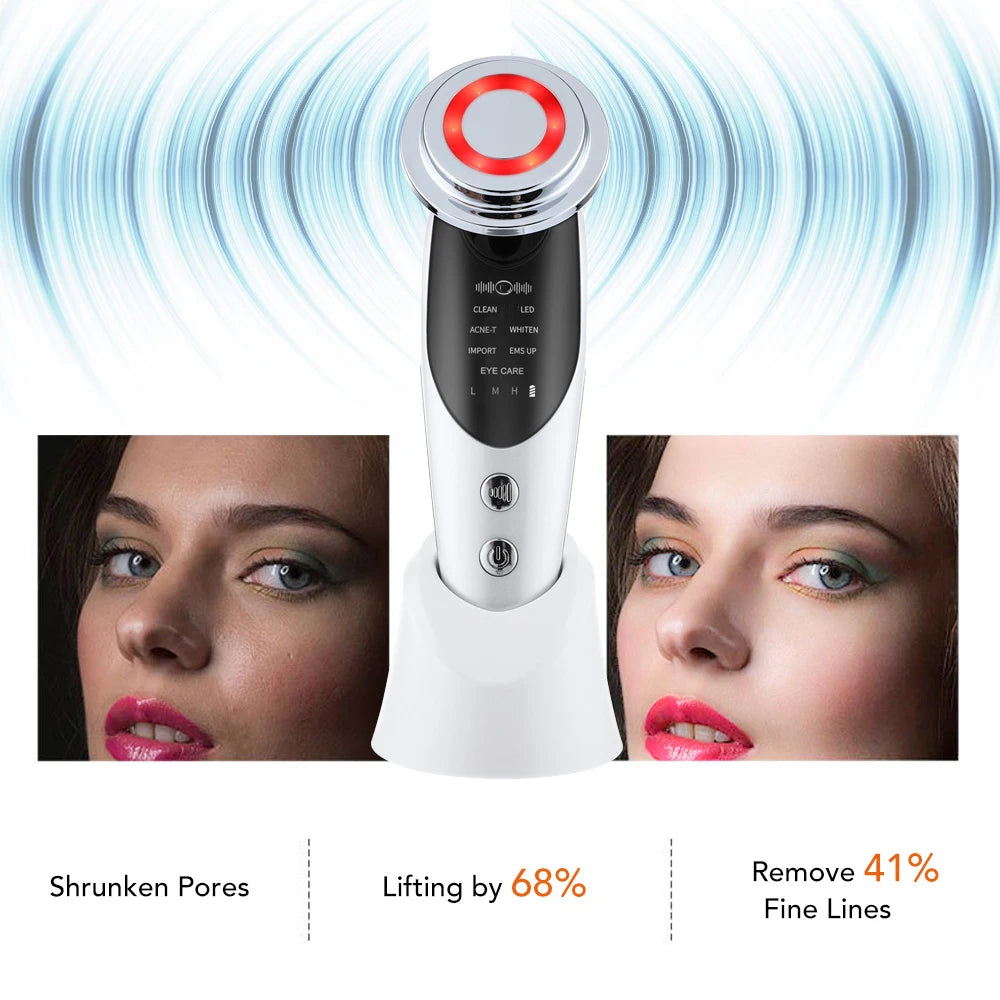 Massageador Facial RF EMS 7 em 1 Ferramentas de Cuidados