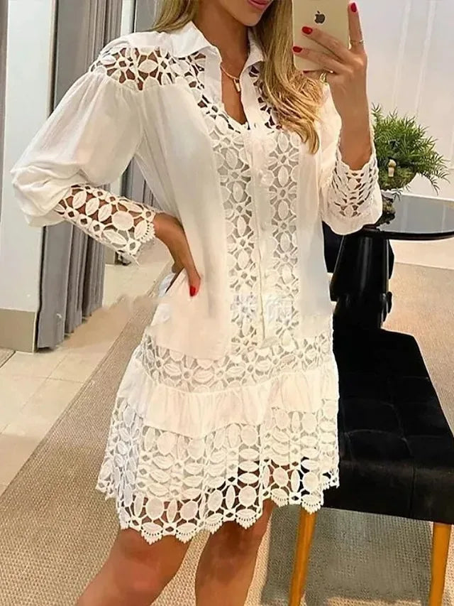 Roupas femininas Elegante Cerimônia Produto Lace Patchwork Sexy Casual Camisa Vestido 2024 Fresco e Doce Lanterna Sono Saia Curta