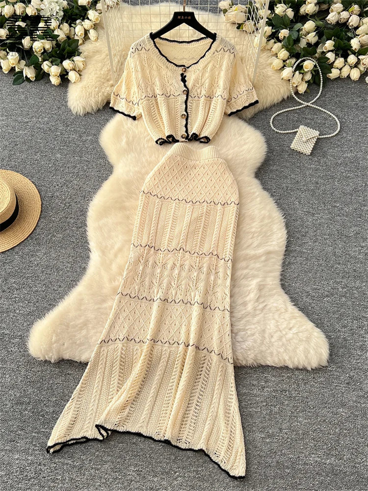 SINGREINY Verão Suave Ternos de Tricô Mulheres Botão Design Manga Curta O Pescoço Tops + Bodycon Saia Gancho Flor Oco 2pcs Set