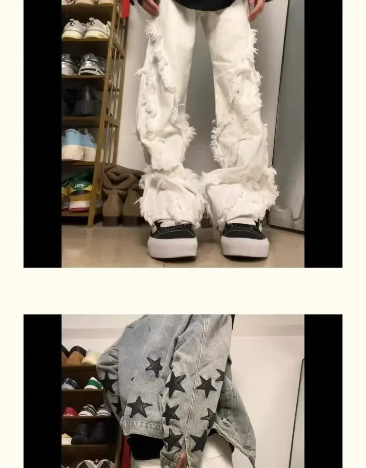 Jeans de Rua Estilo Americano Erosão Danos Raw Edge para Homens Estilo Harajuku Dança Reta Jeans Brancos Roupas Y2k para Mulheres